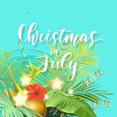 Fototapeta na wymiar Christmas on the summer beach design with green palm leaves, tropical flowers, xmas balls, decorative light bulbs and gold glowing stars, vector illustration.