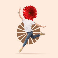 Light and weightless. Female ballet dancer headed by flower dancing on pink background. Negative...