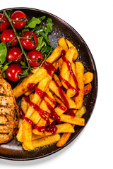 Grilled chicken fillet with french fries on white background