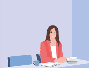 A business woman is sitting and holding a meeting. Business woman sitting in a business suit at the table. Vector illustrations
