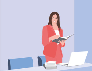 Business woman reading a book. A business woman stands with a book in her hands. The woman makes a presentation. Vector illustrations