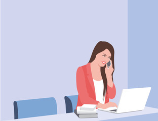 Business woman works on a laptop. A business woman sitting in a business suit and talking on the phone. Vector illustrations