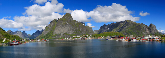 Scenic panoramic view of Reine area, Lofoten Islands in Norway