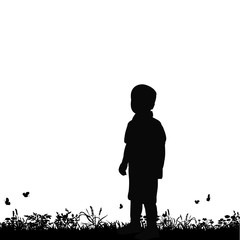 vector, isolated, silhouette boy, child on nature