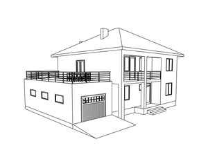 Building perspective 3D. Drawing of the suburban house. Outlines cottage on white background. House 3D model perspective vector. Cottage blueprint. EPS 10. 