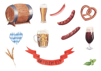 Hand drawn watercolor illustration set octoberfest design elements isolated on white background