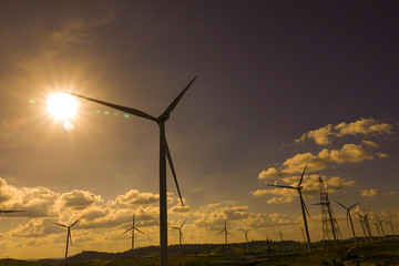 Wind turbine farm from clean energy. Wind power for electricity.