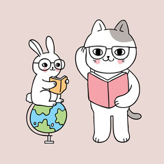 Cartoon cute back to school cat and rabbit reading book vector.