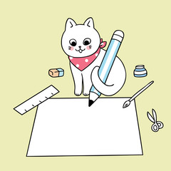 Cartoon cute back to school cat writing paper vector.
