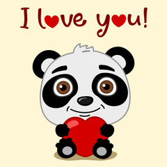 Cute Panda bear with red heart in paws and text I love you - Valentine's card