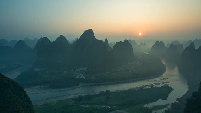 Sunrise Landscape of Guilin Time-lapse , Li River and Karst mountains called Xingping mount ,Guangxi Province, China,  LD, Lockdown.