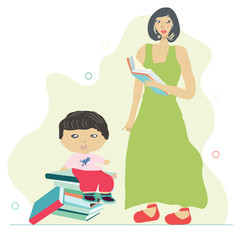 Little boy sitting on books and mother reading a book.
