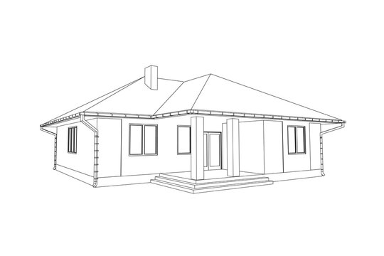 Building perspective 3D. Drawing of the suburban house. Outlines cottage on white background. House 3D model perspective vector. Modern cottage blueprint. EPS 10. 