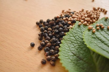 Black pepper seeds ,coriander seeds and green herb on the wooden plate