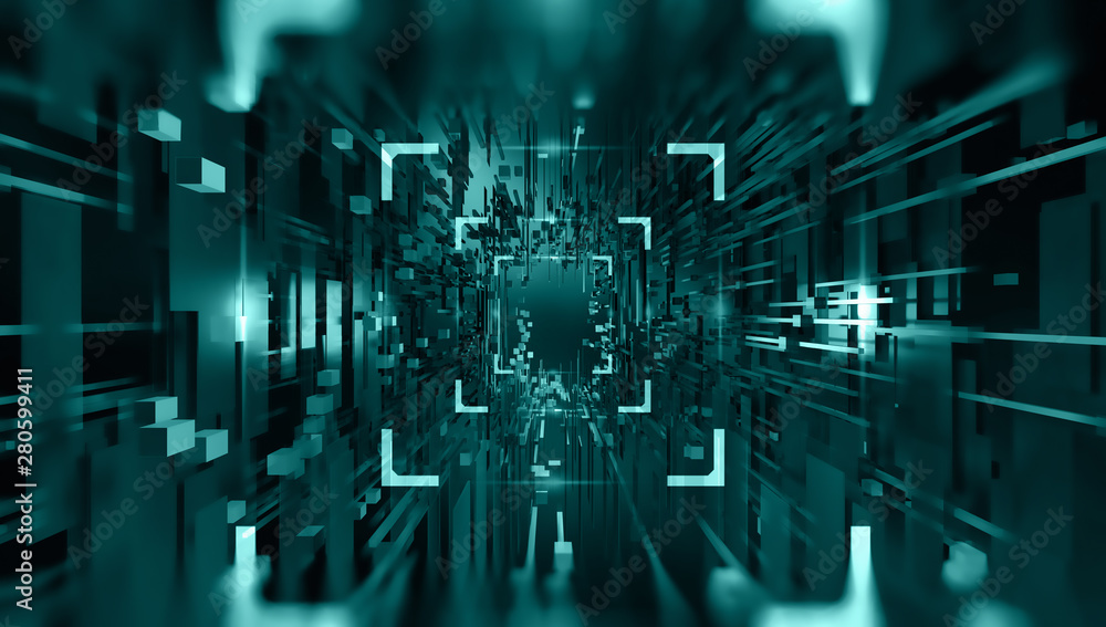 Aufkleber High technology in space. Portal 3D illustration. Space and time, global digital database in cyberspace of artificial intelligence