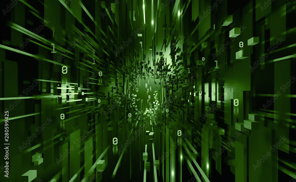 Poster Digital data base 3D illustration. Abstract concept of a future computer. Innovation in world of high technology. Programming and coding in global cyber network