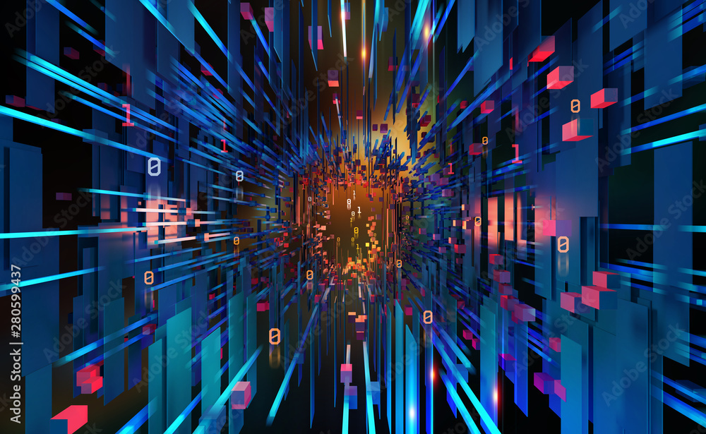 Poster Digital data base 3D illustration. Abstract concept of a future computer. Innovation in world of high technology. Programming and coding in global cyber network