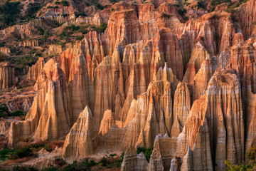 Earth Forest of Yuanmou in Yunnan Province, China - Exotic earth and sandstone formations glowing in the sunlight. Naturally formed pillars of rock and clay with unique erosion patterns. China Travel