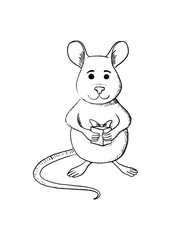 Vector cute cartoon front view white metal rat. symbol of new 2020 year or cheerful mouse. Hand sketched illustration, animal character with holiday gift box.
