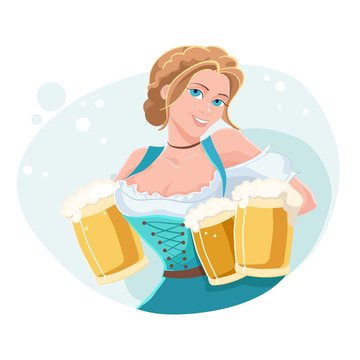 International Beer Day colorful vector illustration with beautiful waitress.