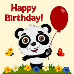 Cute Panda bear with red balloon and text - birthday greeting card