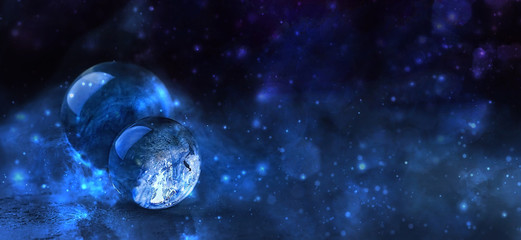 Glass balls on abstract dark shining template, in image of planets. fantastic image of cosmic...