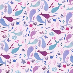 Watercolor seamless pattern with cute whales - narwhal on light pinks. © AnjeseAnna
