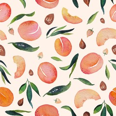 Watercolor peach pattern with leaves and different pieces on beige
