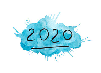 2020 Happy New Year card with numbers on blue watercolor painting background, hand drawn