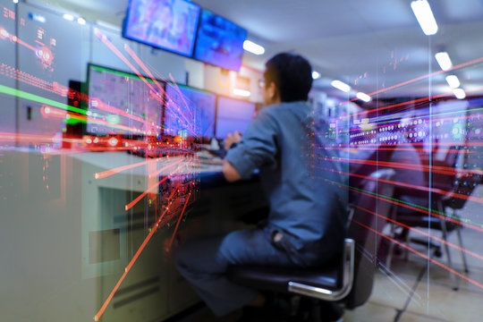 Double Exposure Blurred Light Of Man Engineering Operations Checking Production Process, Control Room Of A Steam Turbine, Generators In The Coal-fired Power Plant. Technology And Industry Concept