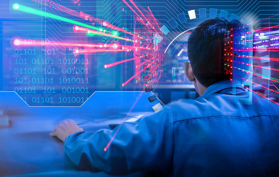 Double exposure Blurred light of man Engineering operations checking production process, Control room of a steam Turbine, Generators in the coal-fired power plant. Technology and industry concept