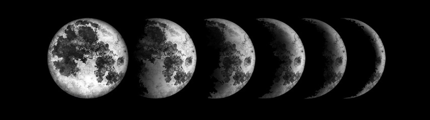 Moon phases isolated on black background. Watercolor hand drawn illustration.