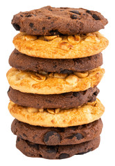 homemade chocolate chip cookie and cookies with peanut on white background