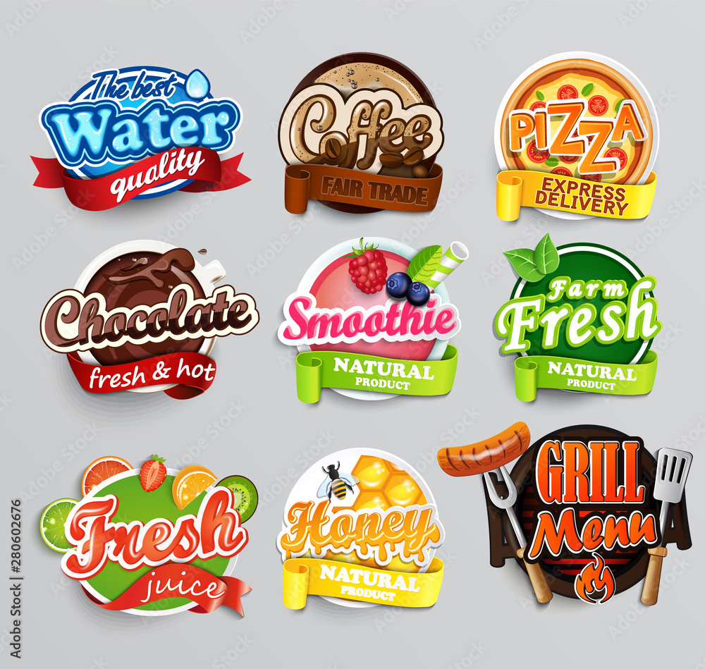 Wall mural set of food and drink stickers. labels and logos for water, coffee, pizza, chocolate, smoothie, farm