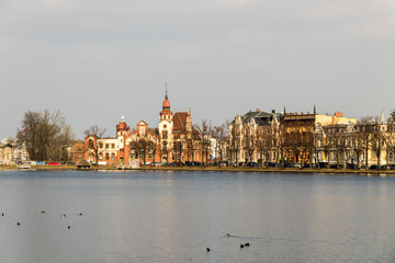 Obraz premium Schwerin, Germany. Views of the Pfaffenteich, a pond lake in the middle of the city