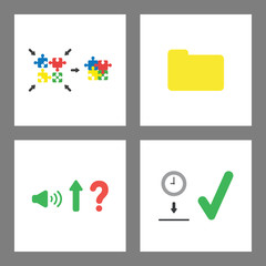 Icon concept set. Puzzle pieces connecting, closed folder, sound up and clock into moneybox hole.