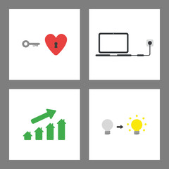 Icon concept set. Heart with key and keyhole, laptop charging, house chart up, grey and glowing light bulbs.