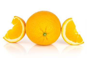 Group of one whole two slices of fresh sweet orange isolated on white background