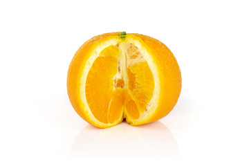One whole fresh sweet orange with a quarter cutted out facing front isolated on white background
