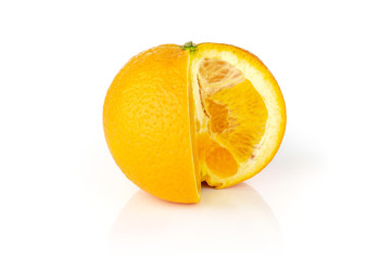 One whole fresh sweet orange with a quarter cutted out on the side isolated on white background