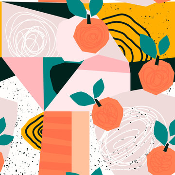 Hand drawn peaches and various shapes, spots, dots and lines. Different colors. Abstract contemporary seamless pattern. Modern patchwork illustration in vector