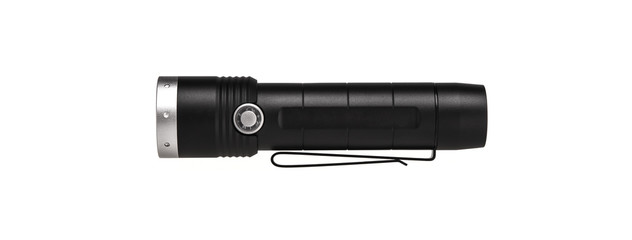 modern black metal flashlight isolated on white