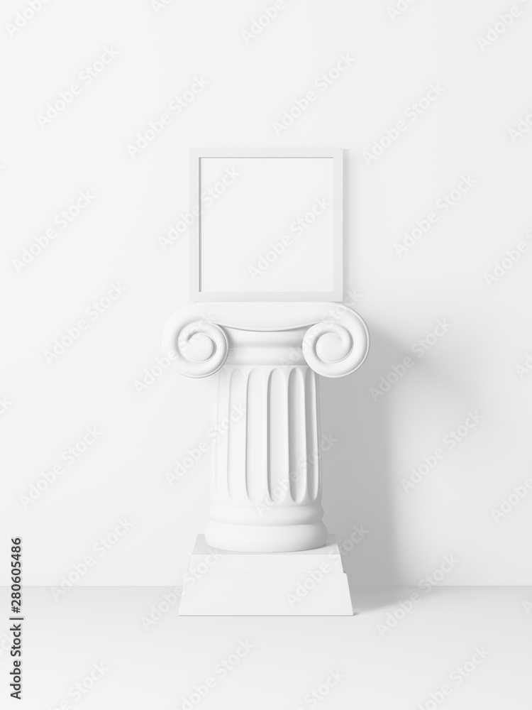 Poster white square picture frame on top of an antique column isolated on a white background. 3d rendering.