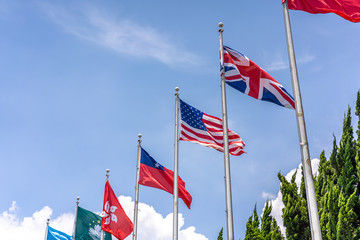 national flags with blue skyline