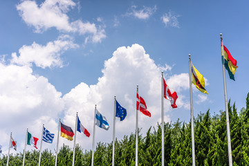 national flags with blue skyline