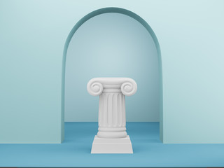 Abstract podium column on the blue background with arch. The victory pedestal is a minimalist concept. 3D rendering.