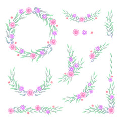 Floral multicolored Frame Collection. Set of cute retro leaf arranged un a shape of the wreath