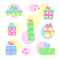 Vector illustration, colorful gift boxes set. Can be used for greeting cards, stickers, promotion, banners. Colors: light yellow, pink, mint, green, blue.