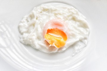 Top view fried egg in a white plate on  kitchen table