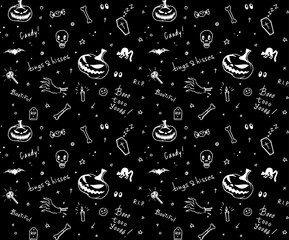 Hand drawn black and white Halloween seamless pattern design for card, fabric or wrapping paper with jack o lantern pumpkins, traditional symbols and handlettering. Vector illustration.